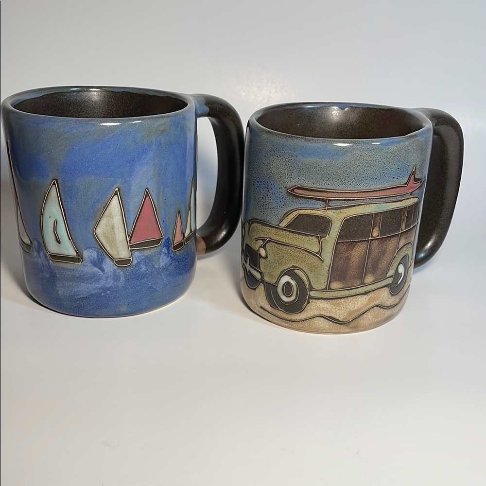 Set of MARA Stoneware Mugs Woody Surf Wagon and Sailboats. MEXICO Pottery